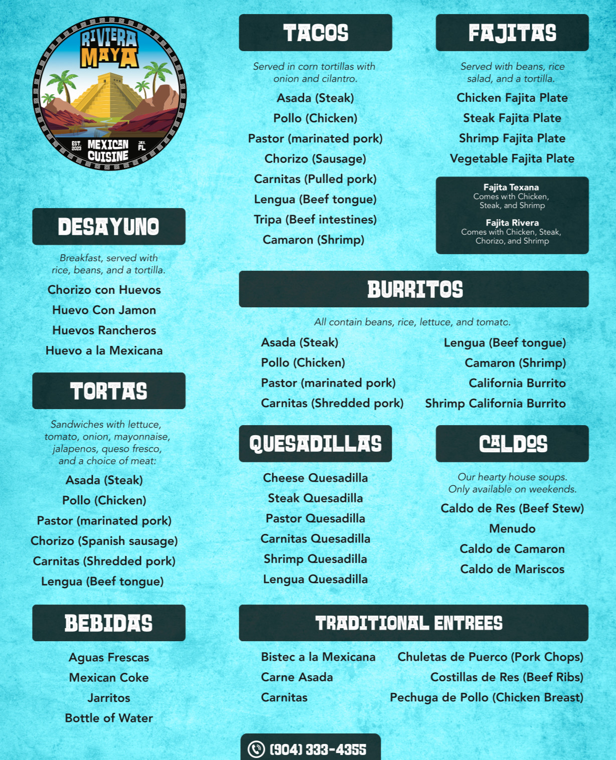 Riviera Maya Mexican Cuisine Menu